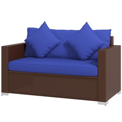 Outsunny Brown Wicker Loveseat with Dark Blue Cushions