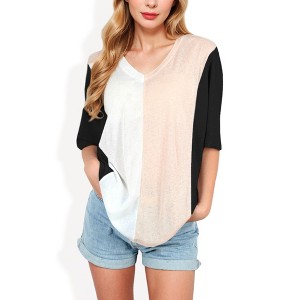 Anna-Kaci Women's Color Block V-Neck Oversized T-Shirt with Drop Shoulders - 1 of 3
