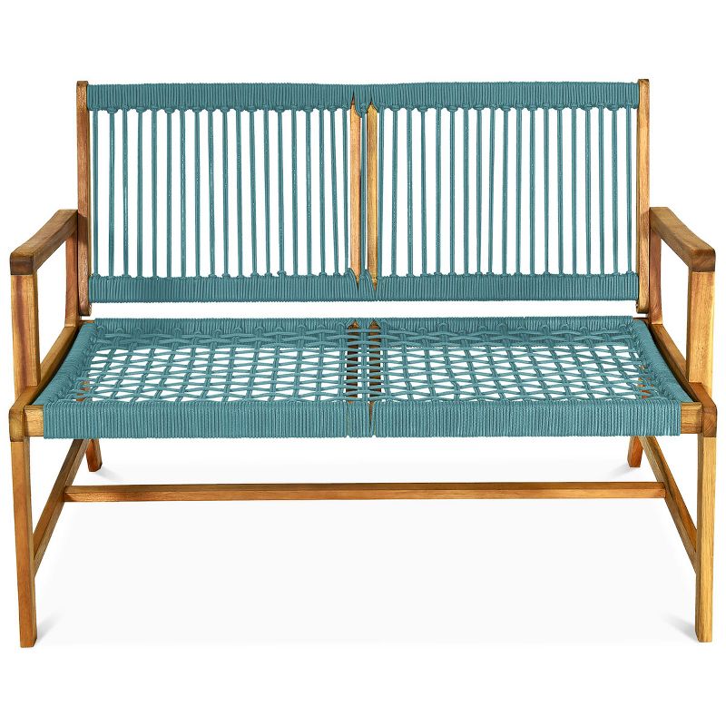 Tangkula 2-Person Outdoor Acacia Wood Bench Patio Loveseat Rope Bench Turquoise/Black, 5 of 7