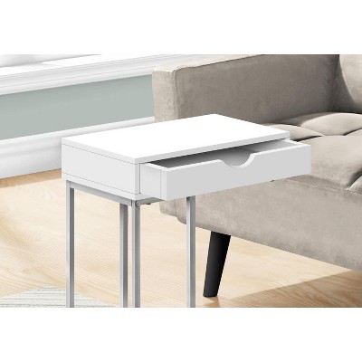 Transitional White and Silver C-Shaped Sofa Side Table with Storage Drawer