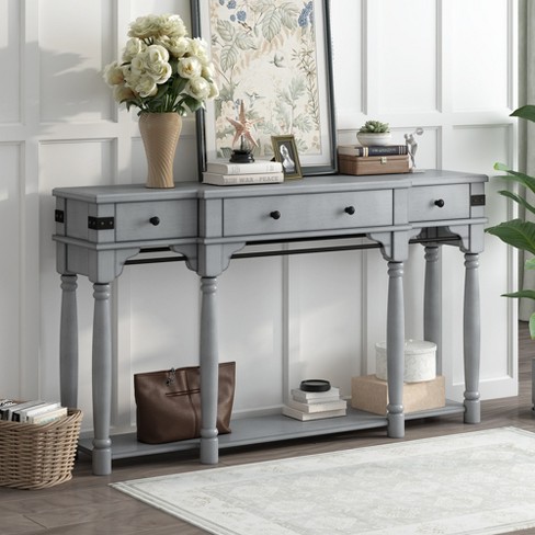 Solid Wood Console Table Classic Entryway Table with 2 Storage Shelf 3  Drawers