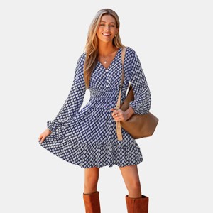 Women's Elegant Geometric Print Long Sleeve Mini Dress - Cupshe - 1 of 4