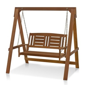 HOMLUX 2 Seat Outdoor Porch Swing Bench Meranti Wood Chair with Stand, Hardwood Frame - 1 of 4