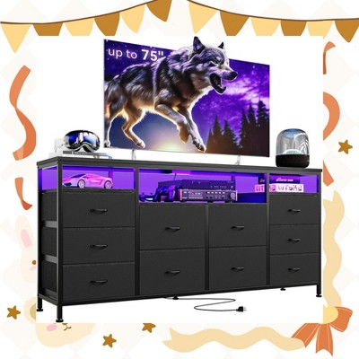 Garvee 10 Drawer TV Stand for 65-75 Inch TV - 63" W Long Fabric Dresser Entertainment Center with LED Lights & Power Outlets