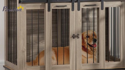 Large Oak Brown Dog Crate End Table with Sliding Doors