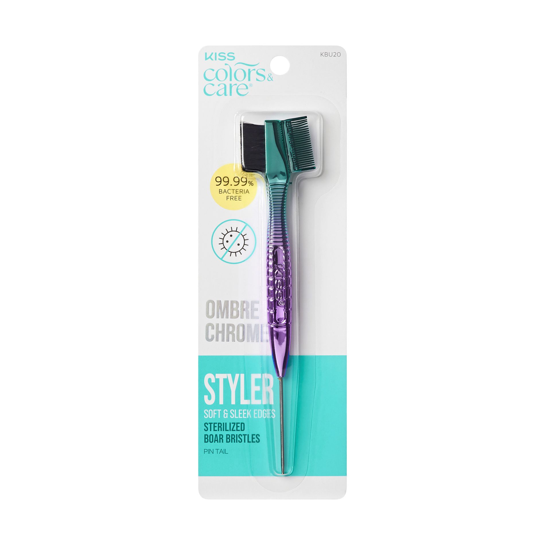 KISS Products Colors & Care Ombre Chrome 3-in-1 Boar Bristle Edge Hair Brush, Comb, & Pin Tail