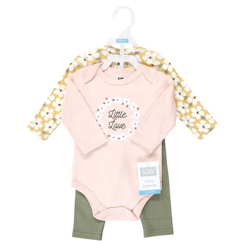 Hudson Baby Infant Girl Cotton Bodysuit and Pant Set, Sage Floral Wreath Long Sleeve, 2 of 6