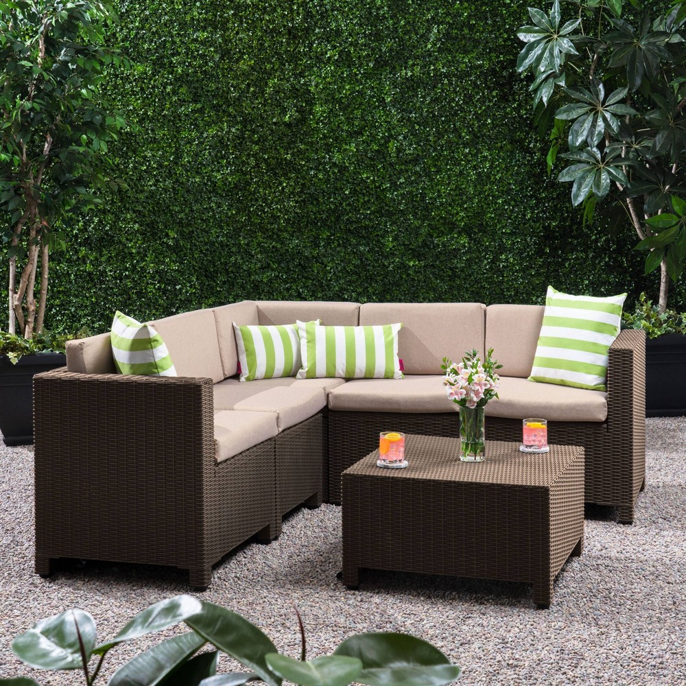 Waverly 6pc All Weather Faux Wicker Sectional Sofa Set – Brown/Beige – Christopher Knight Home  – Patio and Outdoor​