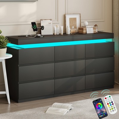 Vipbear 9-drawer vanity with power socket and LED lights, spacious storage cabinet, charging dock