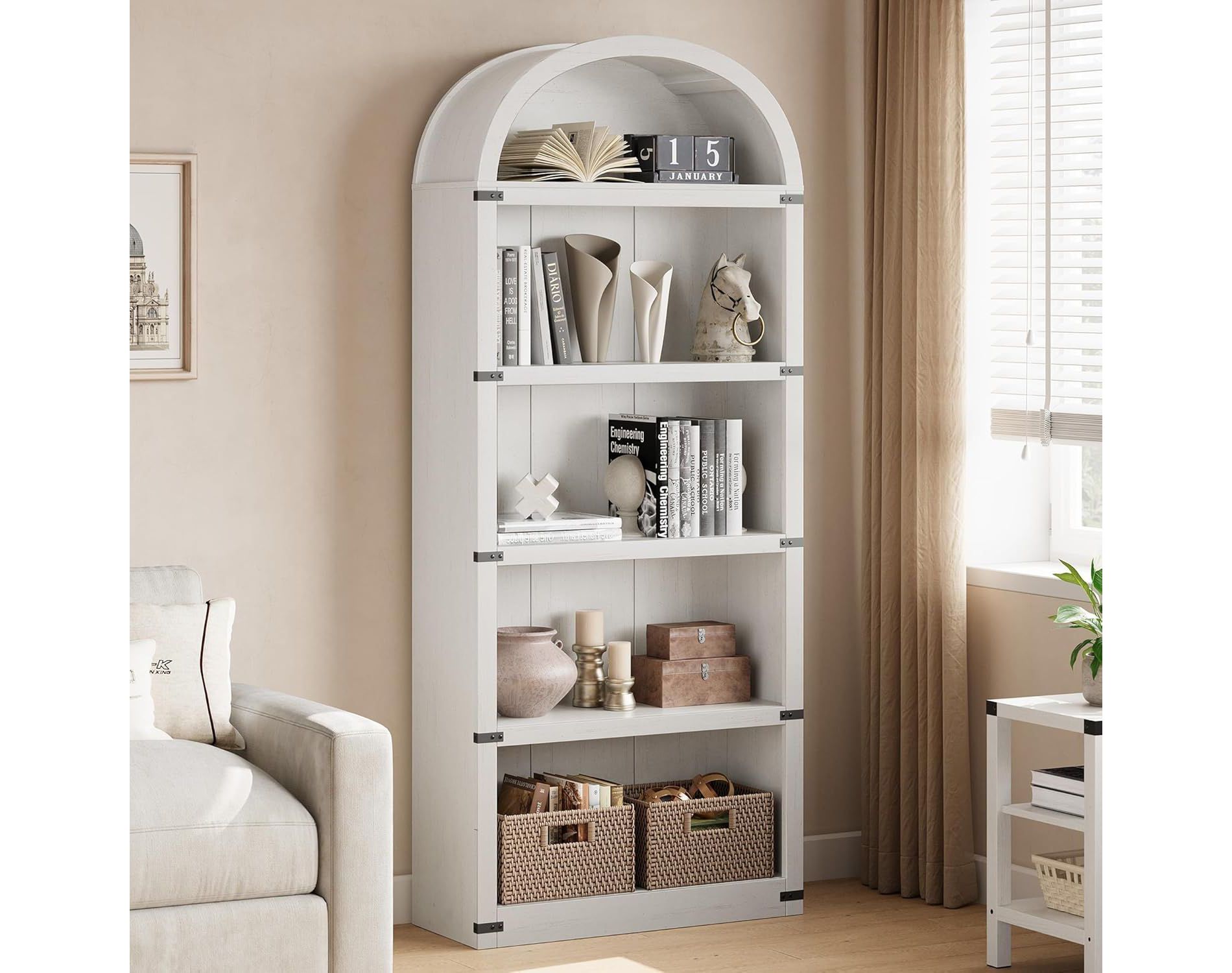 Acekool 5-Shelf Arched Bookcase, 71.65" Tall Wooden Farmhouse Display Bookshelf, Storage Rack with Metal Accents for Living Room, Office, White