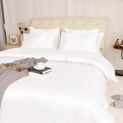 3 Pcs Polyester Satin Silk Solid Bedding Sets King Cream White - PiccoCasa