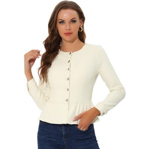 INSPIRE CHIC Women's Peplum Collarless Round Neck Button Down Cropped Ruffle Hem Denim Jackets - 1 of 4
