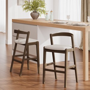 39" Modern Wood Upholstered Bar Stool Set of 2 with Curved Back, Indoor Kitchen Seating for Kitchen Island or Home Bar – The Pop Home - 1 of 4