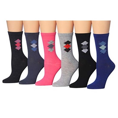 Women's 6-Pairs Colorful Hues Funky Argyle Patterned Crew Dress Socks