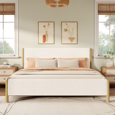 Platform Bed with Boucle Upholstered Headboard, Scandinavian Wood Frame Bed for Bedroom-Baofuwish