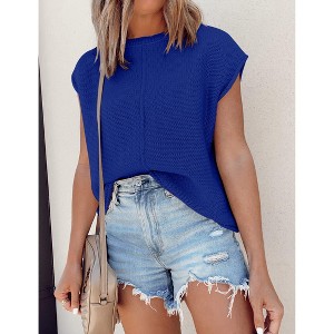 Womens Summer Cap Sleeve Tops Trendy Casual Crew Neck Knit Lightweight Sweater Pullover Top - 1 of 4