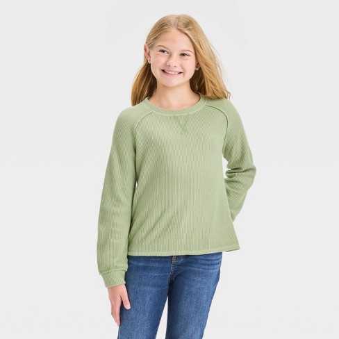 Girls' Cozy Waffle Pullover - Cat & Jack™ Light Olive Green M : Target
