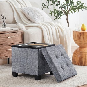 Ornavo Home Foldable Tufted 15 Inch Square Linen Storage Ottoman with Legs - 1 of 4