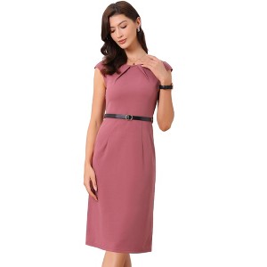 INSPIRE CHIC Women's Elegant Business Round Neck Belted Cap Sleeve Work Sheath Dresses - 1 of 4