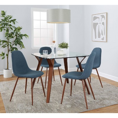 Mid-Century Modern Glass Top Dining Set with Blue Chairs
