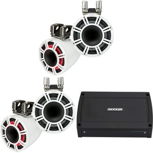 Kicker (2 Pair) 44KMTC11W 11" White Horn-Loaded Tower Speakers & 1200 Watt Marine Amp with tube-clamp mounting - 1 of 4