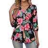 Nlife Women's Casual V Neck Floral Print 3/4 Length Sleeve Blouses Tropical Hawaiian Shirt Tops - 2 of 4