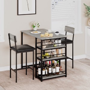 Bar Table and Chairs Set for 2, 3-Piece Small Bar Table with 2 PU Cushioned Stools, 3 Storage Shelves, Space-Saving Modern Dining Set - 1 of 4