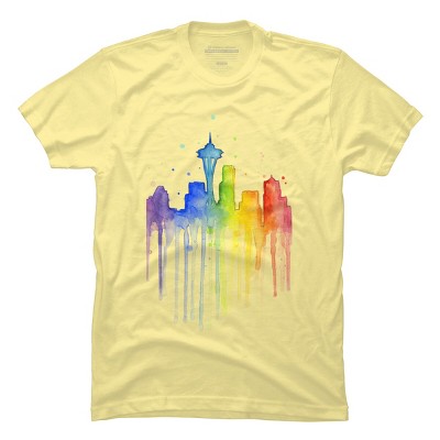 Men's Design By Humans Seattle Skyline Rainbow Watercolor By OlechkaDesign T-Shirt