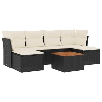 vidaXL 7 Piece Patio Sofa Set with Cushions Black Poly Rattan - Black and Cream