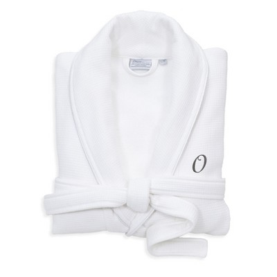 Linum Home Textiles Hotel 100% Turkish Cotton Unisex Waffle Terry Personalized White Bathrobe with Satin Piped Trim in Dark Gray Script Font