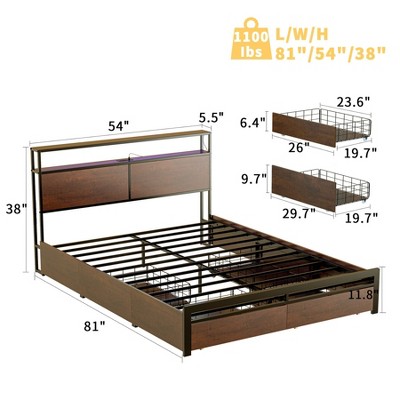 HAUSOURCE Queen Bed Frame With Storage Headboard And 4 Drawers