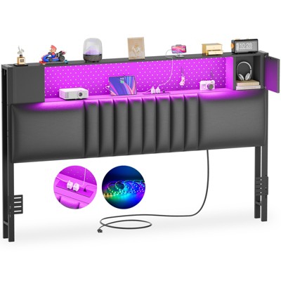 Aheaplus Upholstered Headboard with Storage Shelf and Small Cabinet, Headboard Power Outlet and LED Light