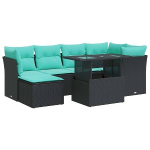 vidaXL Patio Sofa Set with Cushions Table and Stools 7 Piece Poly Rattan Acacia - Black - 1 of 4