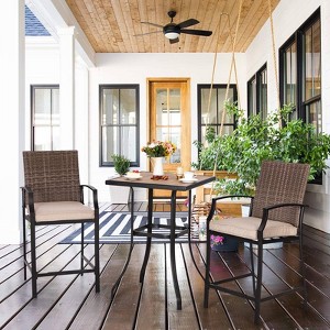 3pc Outdoor Bar Set with Faux Wood Tabletop & Metal/Wicker Stools - Captiva Designs: Poolside Dining Furniture - 1 of 4