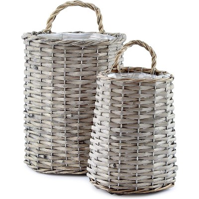 AuldHome Design Wall Hanging Pocket Baskets, Rustic Farmhouse Decor Wicker Painted Baskets