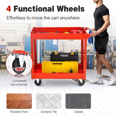 Red Metal 2-Tier Utility Cart with Wheels and Handle