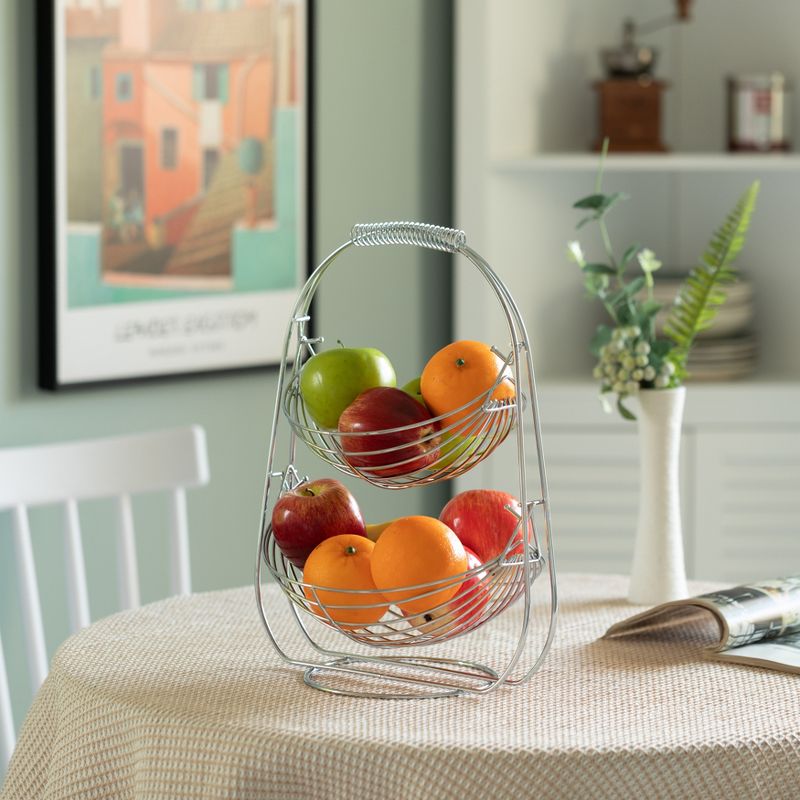 Basicwise 2 Tier Metal Fruit Holder Swing Basket for Kitchen | Detachable Countertop Vegetables Storage Organizer with Display Hammock Stand, 2 of 8