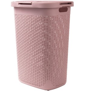 Mind Reader 60 Liter Hamper, Ventilated Clothes Basket with Carry Handles, Laundry Crate with Lid, Plastic Wicker, Pink - 1 of 4