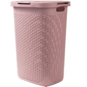 Mind Reader 60 Liter Hamper, Ventilated Clothes Basket with Carry Handles, Laundry Crate with Lid, Plastic Wicker, Pink