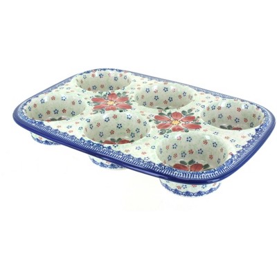 Blue Rose Polish Pottery Poinsettia Muffin Pan