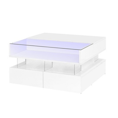CLIHOME LED Lift-Top Coffee Table with 2 Drawers, Modern Square Coffee Table with Glass Top and High-Gloss Finish, Hidden Space