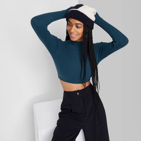 Women's Cropped Fitted Sweater Top - Wild Fable™ Dark Teal Blue S : Target