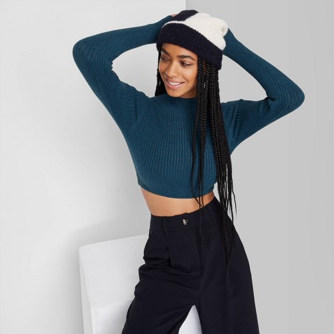 Women's Mock Turtleneck Fitted Sweater Top - Wild Fable™ Dark Teal Blue XL