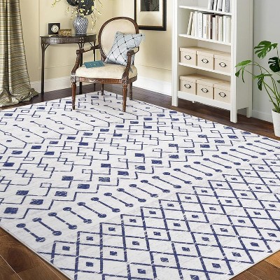 Acekool Washable Boho Area Rug, Low Pile, Non Slip, Foldable, Geometric Print for Entryway, Kitchen, Living Room, Blue Gray, Multi Sizes