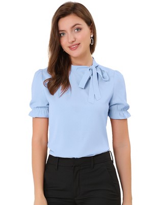 INSPIRE CHIC Women's Bow Tie Neck Solid Color Elastic Cuffs Elegant Office Short Sleeve Blouse