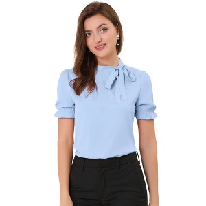 INSPIRE CHIC Women's Bow Tie Neck Solid Color Elastic Cuffs Elegant Office Short Sleeve Blouse - 1 of 4