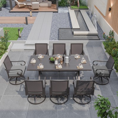 ALAULM 9-piece outdoor balcony dining set, including 8 rattan rocking chairs and 1 large table with umbrella hole, grey.