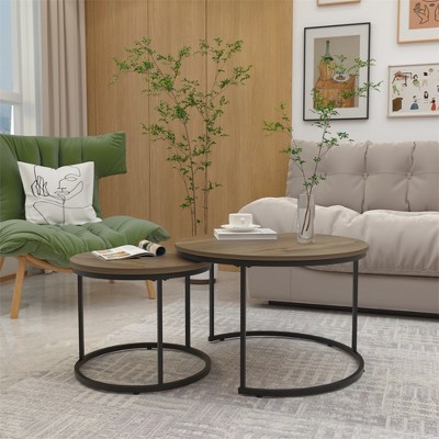 Nesting Coffee Table Set of 2, 27.6inch Round Coffee Table Wood Marble Pattern Top with Sturdy Metal Frame, End Table Side Tables