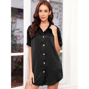Clearlove  Women's Satin Nightshirt Button Down Sleepshirt Silk Short Sleeve Nightgown Boyfriend Notch Collar Sleepwear - 1 of 4