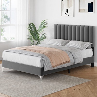 Full Size Bed Frame with Adjustable Headboard, Velvet Upholstered Platform Bed Frame with Strong Wooden Slats,Grey
